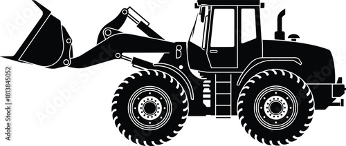 Heavy construction tractor silhouette with large wheels and front loader bucket design perfect for industrial equipment, engineering projects, machinery graphics, vector illustration