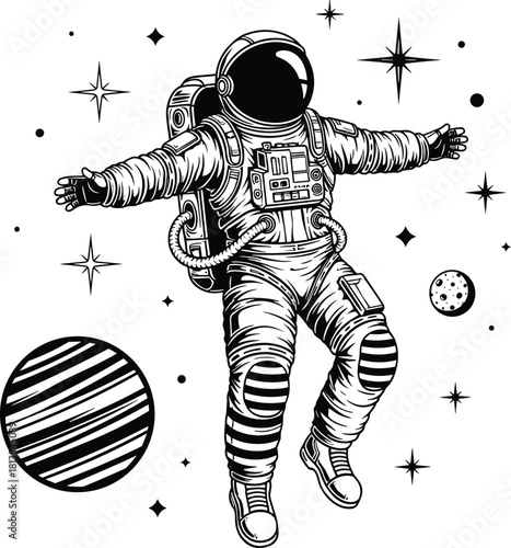 Floating astronaut in detailed space suit surrounded by stars and planets, cosmic exploration artwork, outer space illustration for science fiction designs