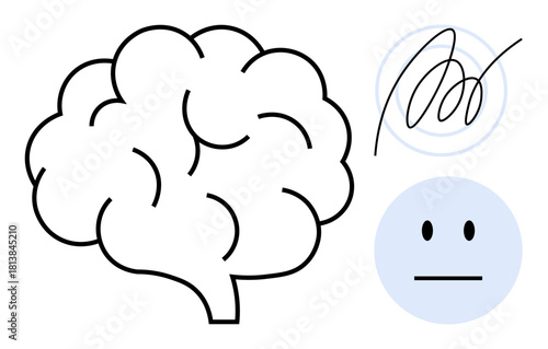 Brain sketch, neutral face, abstract spiral symbolizing mental processes, balance, or struggles. Ideal for psychology, mindfulness, wellbeing, cognition emotion learning neuroscience concepts
