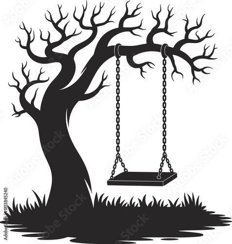 Lonely leafless tree with hanging swing silhouette illustration, isolated on white background, symbolizing nostalgia, childhood memories, nature, and peaceful solitude artwork
