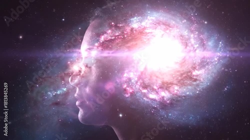 A woman's silhouette with a glowing galaxy in her mind. The universe within as a metaphor for consciousness, creativity, and enlightenment