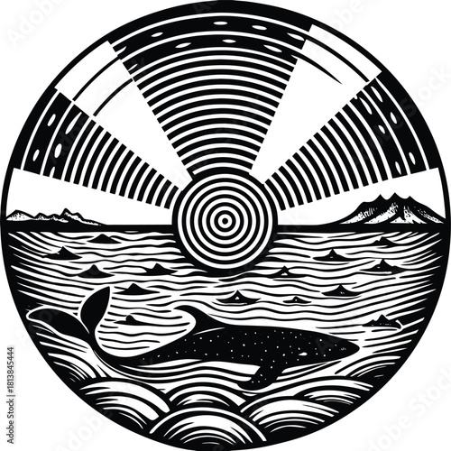 Abstract Vector of Whale Song Ripples Spreading Across the Ocean, symbolizing sound communication, depth, and vastness.