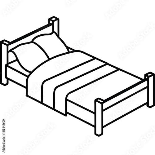 A Flat Vector of a Bed with Headboard and Blanket, showing a fully furnished bed.