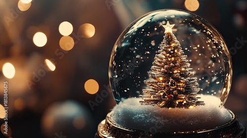 Elegant snow globe with a sparkling Christmas tree, delicate snowflakes swirling inside, festive mood .