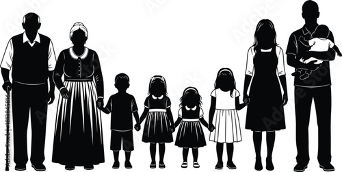 Silhouette extended family generations standing together holding hands in unity, grandparents parents children group illustration symbolizing love support connection