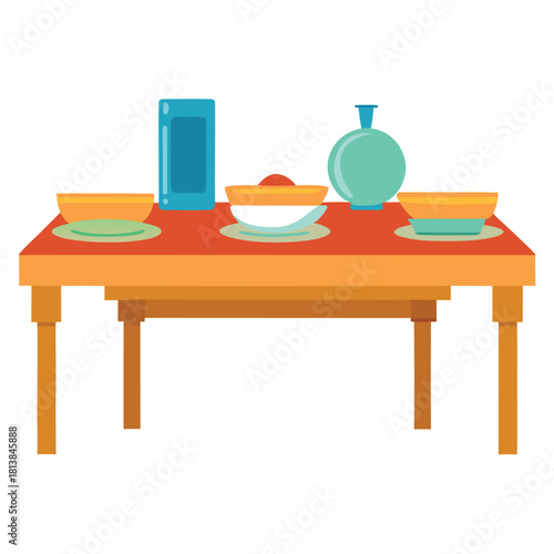 A Flat Vector of a Dining Table with Plates, indicating a prepared meal or dining environment.