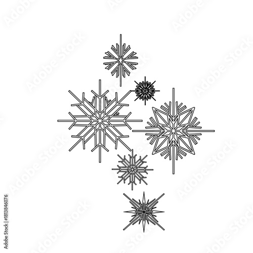 Decorative snowflakes in various shapes and sizes on white background  