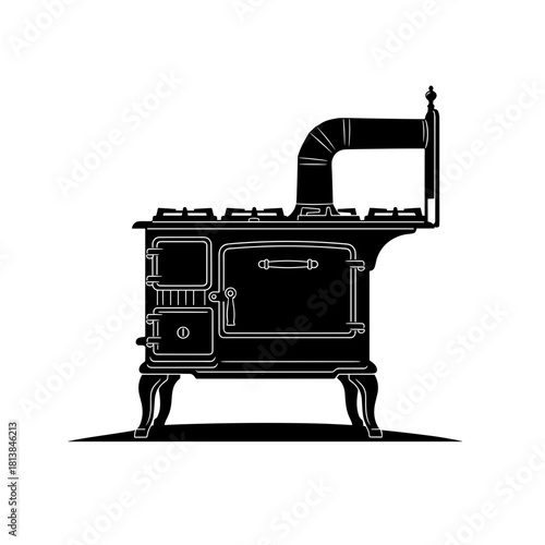 Vintage black cooking stove with chimney in minimalist design  
