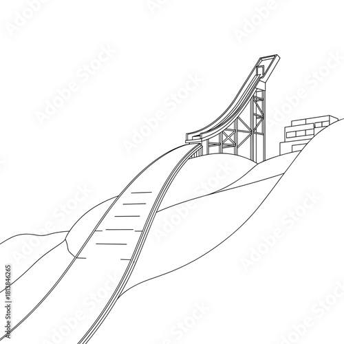 Ski jump ramp design in minimalist outline style on snowy hill  