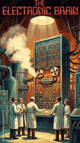 Animated retro illustration of scientists operating a giant electronic brain computer. Vintage science fiction scene in a laboratory with a mainframe. Early computing and technology concept