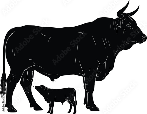 Silhouette of mother cow with nursing calf, farm animal illustration emphasizing nurturing livestock, rural agriculture, cattle care, dairy farming concept