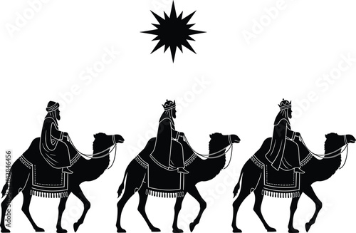 Silhouette of three wise men riding camels under guiding star, traditional nativity Christmas scene illustration, biblical journey, religious holiday artwork