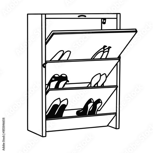 A Flat Vector of an Open Shoe Cabinet, a visible storage unit for footwear.