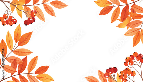 Vibrant autumn foliage and berries artfully arranged in a decorative corner border design on a clean white background