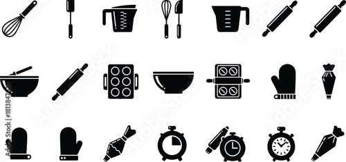 Baking tool icon set, black white vector, whisk spatula rolling pin, mixing bowl timer, piping bag mitt, kitchen utensils design
