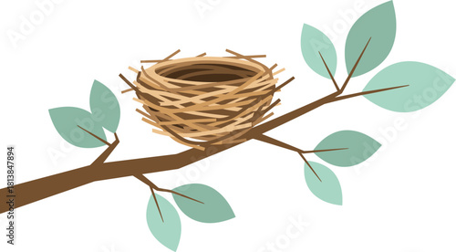 A delicate twig bird s nest rests on a sturdy brown branch adorned with soft green leaves against a clean white background
