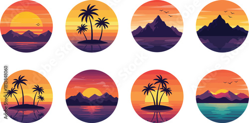 Vibrant oval sunset illustrations featuring silhouetted tropical palm trees and majestic mountain ranges against colorful gradient skies