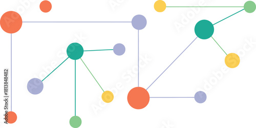 Abstract network of colorful interconnected circles and nodes representing data connections technology and communication in a modern digital concept