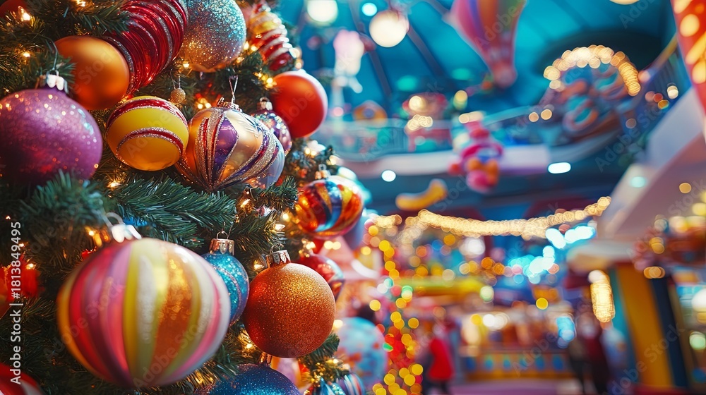 Fototapeta premium Whimsical Christmas tree with colorful ornaments, soft-focus carnival lights .