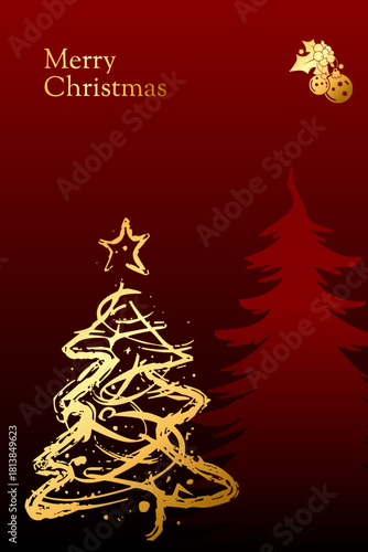 A modern, artistic golden wireframe Christmas tree contrasting sharply with a solid red tree silhouette, delivering a minimalist and high-tech geometric aesthetic for the holidays