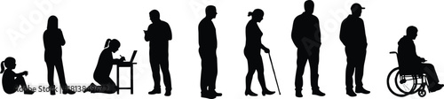 Silhouettes of diverse people working, standing, and sitting, including wheelchair user and person with cane, teamwork and inclusion concept