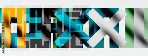 Abstract geometric composition. Rectangles overlap, creating complex visual texture. Colors include teal, yellow, gray, white. Modern design.