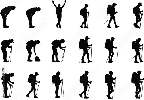 Silhouettes of hiker in various walking, resting, and trekking poses – man with backpack and poles vector illustration set