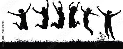 Silhouettes of joyful people jumping in nature, grass and flower field, teamwork, friendship, happiness, freedom, outdoor fun, youth celebration