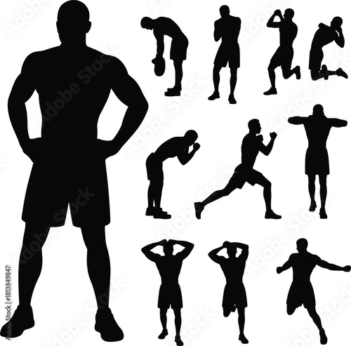 Silhouettes of male athlete, fitness poses, workout positions, boxing stances, strong man, active body, exercise routine, muscle strength