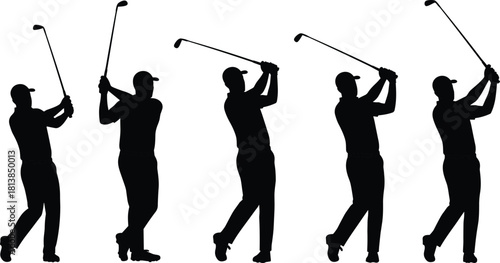 Silhouettes of male golfers swinging clubs in different positions, golf stance, sports motion, athletic activity vector set for design