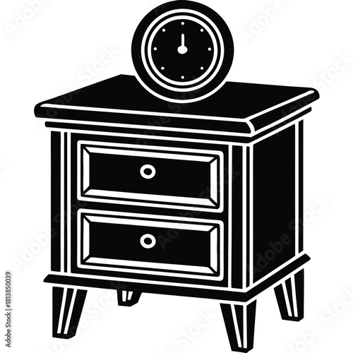 Minimal Flat Vector of a Night Table with Clock, illustrating a bedside table with time-telling decor.