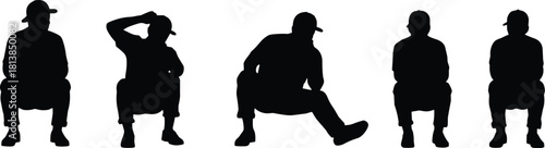 Silhouettes of men sitting in various relaxed and casual poses wearing caps, black vector style on white background