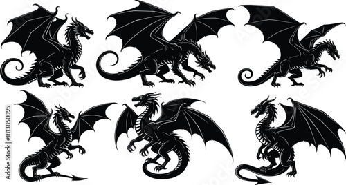 Dragon silhouette, mythical creature, fantasy beast, winged reptile, black illustration, fierce pose, spiked tail, flying monster, tattoo design, vector art
