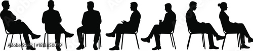 Silhouettes of men and women sitting on chairs in various casual poses, ideal vector illustration for meetings and office scenes