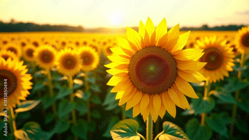 Fototapeta premium Sunflower field at sunset with golden petals