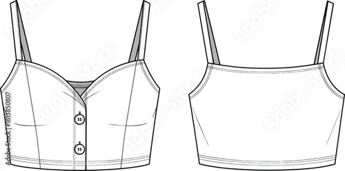 Vector fashion flat sketch of women’s cropped camisole top with button-front design, fitted princess seams, adjustable straps, and clean garment detailing