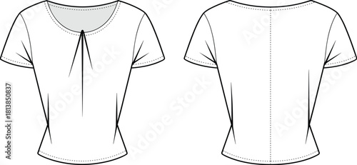 Elegant short-sleeve women’s blouse flat fashion sketch featuring front pleat detail, tailored seams, minimal neckline design, and clean back construction illustration