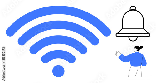 Blue wireless signal icon, black notification bell, person pointing. Ideal for communication, technology, internet, connection, notifications user interfaces design. Simple flat metaphor