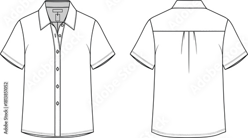 Detailed women’s short-sleeve button-up shirt technical flat vector illustration featuring classic collar, front placket, sleeve cuffs, curved hem, and back yoke pleats