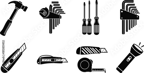 Hand tool icon set, black white vector, hammer screwdriver knife, tape measure flashlight, hex wrench, utility blade, repair toolkit