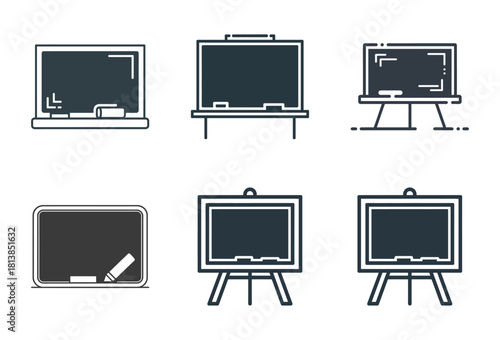 Collection of six minimalist blackboard icons with chalk and easel