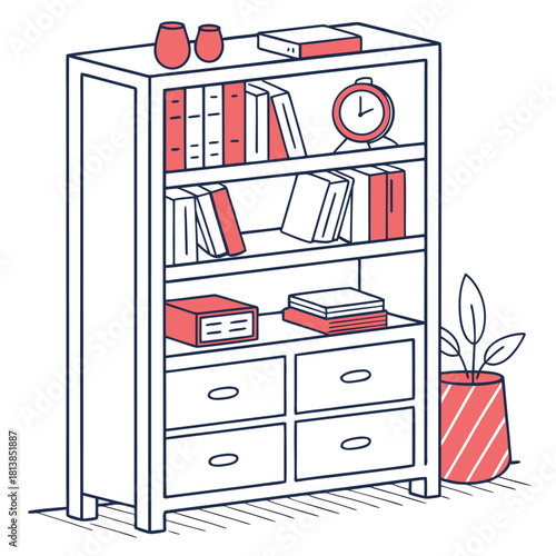 Modern Flat Vector of a Bookshelf with Drawers, combining open display shelves with closed storage.