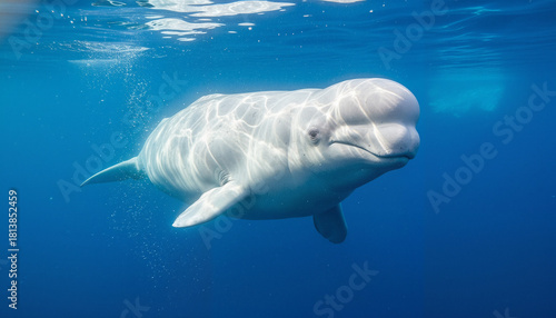 White beluga whale swimming gracefully in clear blue ocean  
