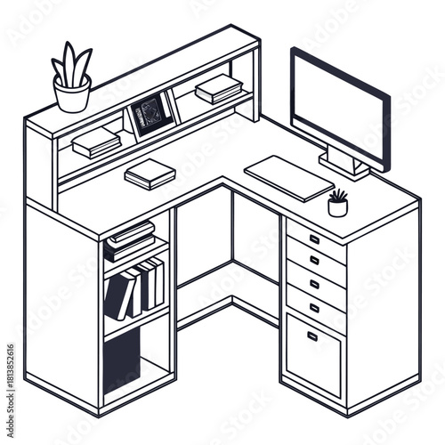 A Modern Flat Vector of an L-Shaped Desk, suitable for a spacious home or corporate office.