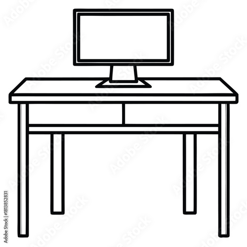 A Modern Flat Vector of an Office Table with a Computer, symbolizing work, technology, and home office setup.