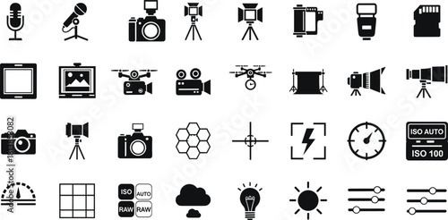 Photography icon set, camera tools, videography symbols, editing elements, black vector, studio gear, image settings, creative design, clipart, tech