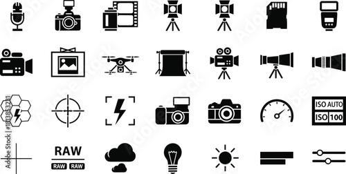 Photography icons, videography symbols, camera equipment, studio gear, media tools, black icons, digital devices, creative set, vector graphic, editable