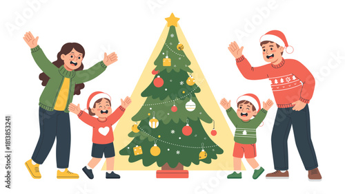 Christmas joy and togetherness: A family full of excitement and joy celebrates the holiday near a Christmas tree. Their expressions reflect happiness, warmth and the joy of sharing memorable moments.