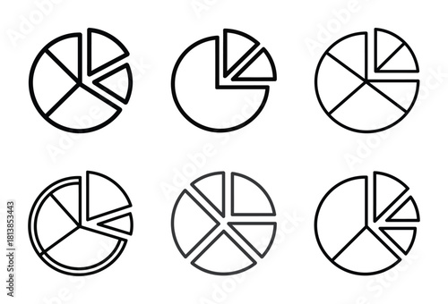 Six diverse outline pie chart icons for data and statistics display