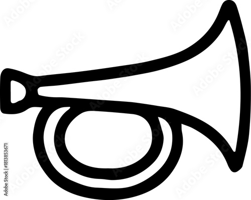Simple line art drawing of a trumpet blowing a fanfare for an announcement, celebration, or call to attention, rendered in a minimalist style.